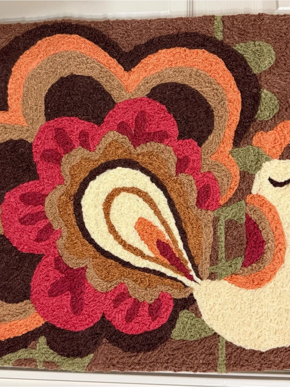 Turkey Floral Hooked Door Mat in Red, Brown & Cream